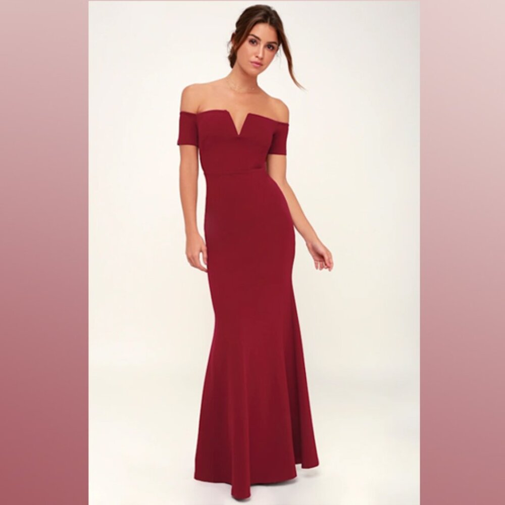 Lulus Off-the-Shoulder Burgundy Red Mermaid Gown – Size S, Perfect condition